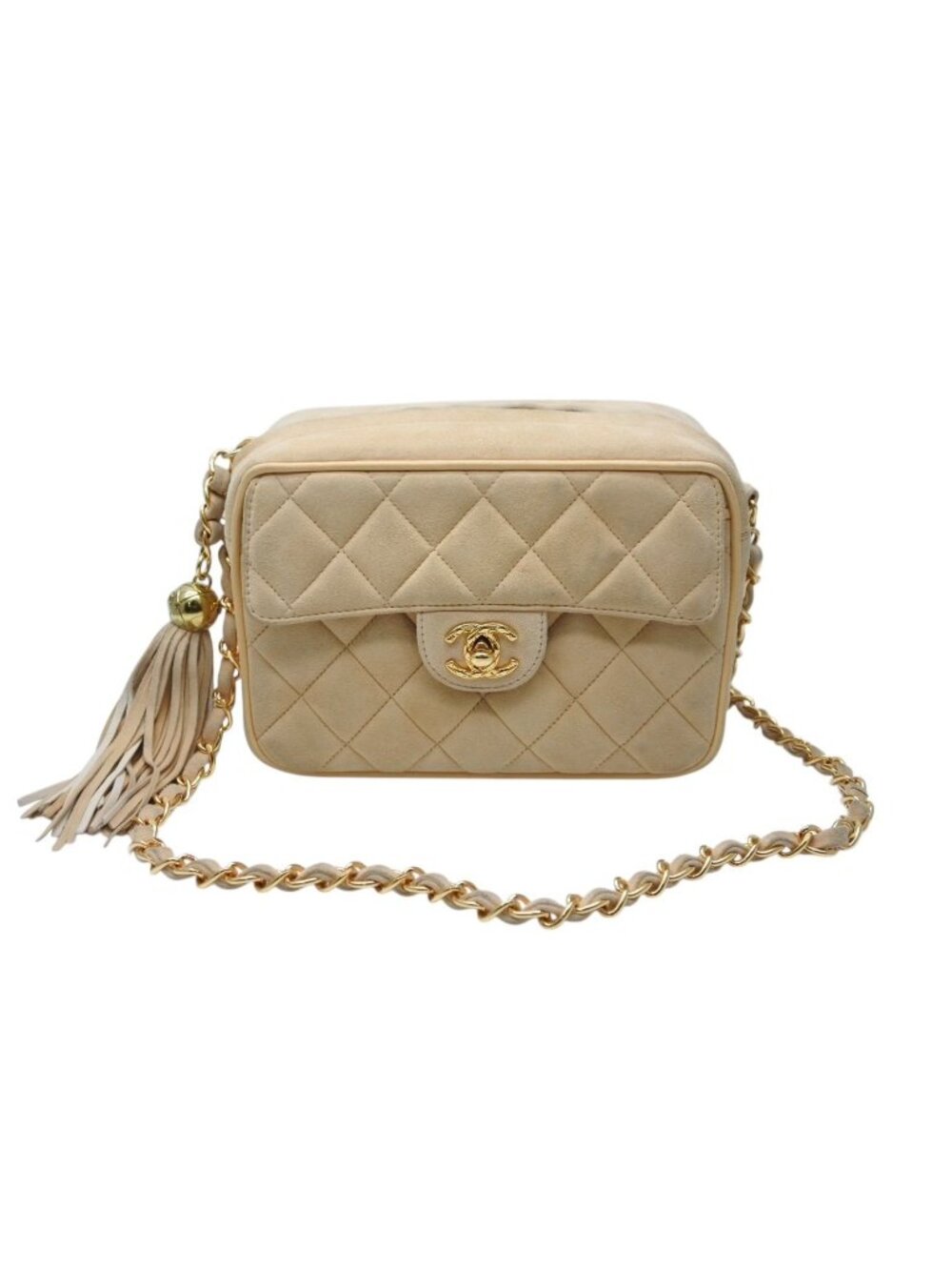 Chanel Chain Shoulder Bag CC Logo Suede Beige Fringe Gold